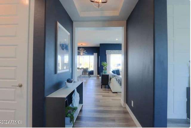 hallway featuring wood-type flooring, a tray ceiling, and an inviting chandelier