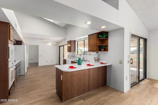 kitchen featuring vaulted ceiling, light hardwood / wood-style flooring, kitchen peninsula, and sink