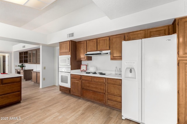 kitchen with light hardwood / wood-style floors and white appliances