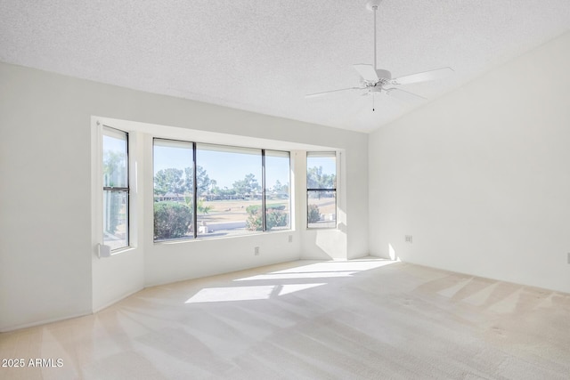 unfurnished room with light colored carpet, vaulted ceiling, and a textured ceiling