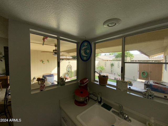 bathroom featuring ceiling fan, a healthy amount of sunlight, sink, and a textured ceiling