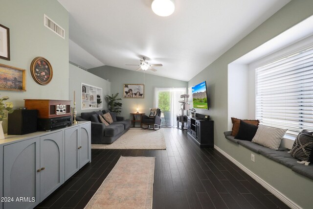 dining area with visible vents, dark wood finished floors, recessed lighting, arched walkways, and a ceiling fan