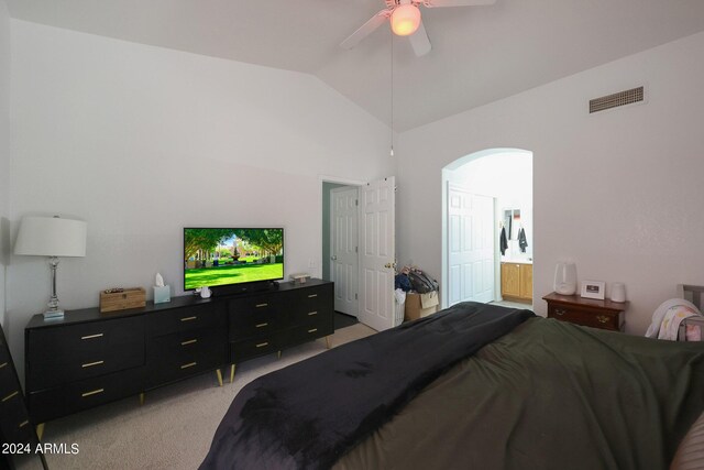 game room with lofted ceiling, carpet flooring, baseboards, and ceiling fan