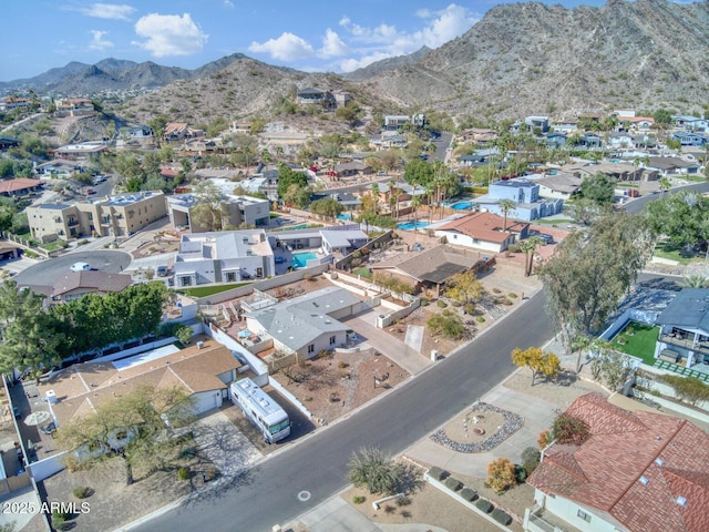 aerial view featuring a residential view and a mountain view