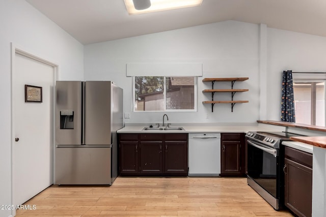 5135 E Evergreen St Unit 1166, Mesa, AZ 85205 - kitchen with appliances with stainless steel finishes, a sink, lofted ceiling, light countertops, and dark brown cabinetry