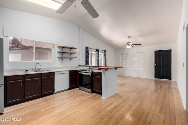5135 E Evergreen St Unit 1166, Mesa, AZ 85205 - kitchen featuring dishwasher, a sink, a ceiling fan, stainless steel electric range oven, and vaulted ceiling