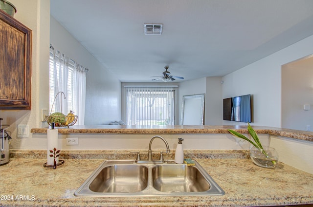 kitchen featuring a sink, visible vents, a wealth of natural light, and a ceiling fan