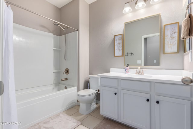 full bathroom with shower / bath combination with curtain, vanity, toilet, and tile patterned floors