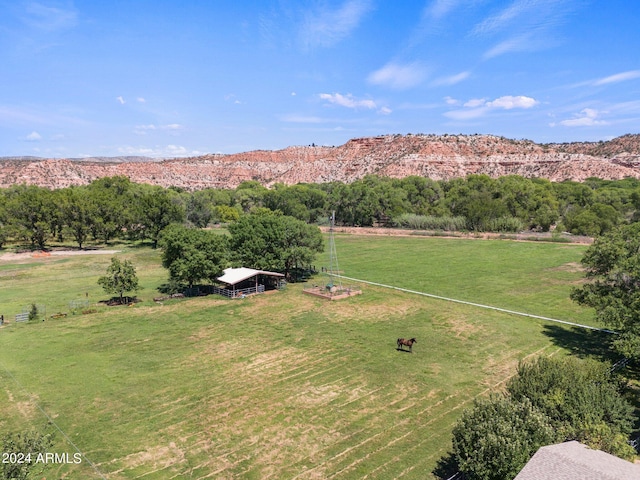 bird's eye view featuring a mountain view and a rural view