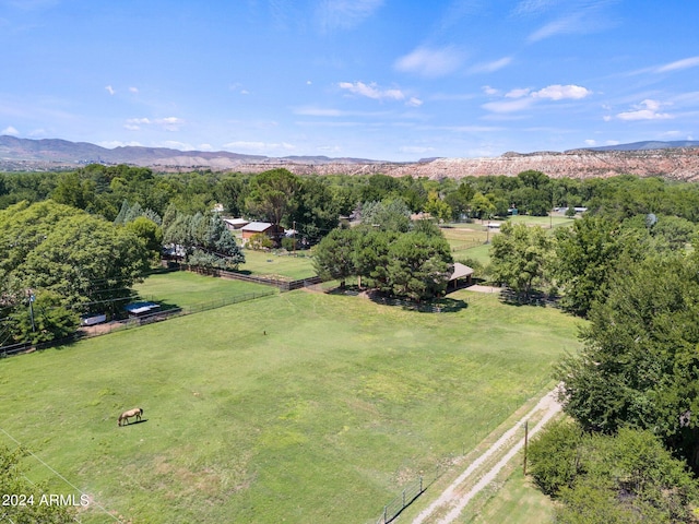 birds eye view of property featuring a mountain view and a rural view