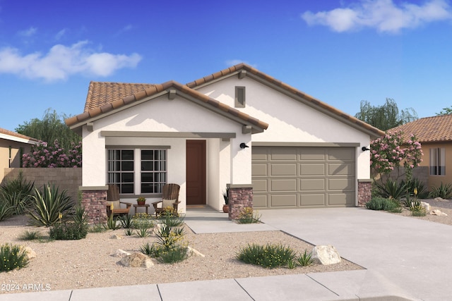 view of front of home with concrete driveway, a tile roof, stucco siding, a garage, and stone siding