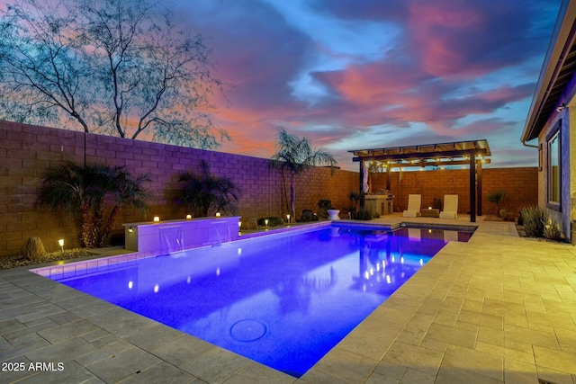 pool at dusk with a fenced in pool, a patio area, and a fenced backyard