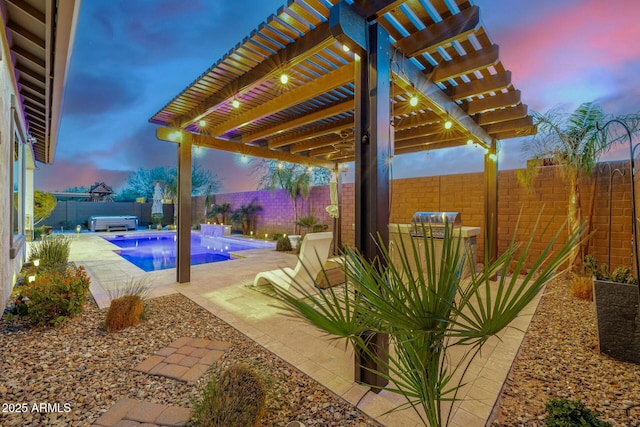 view of patio / terrace featuring a fenced backyard, a jacuzzi, and a pergola