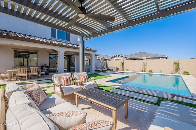 9645 E Ripple Dr, Mesa, AZ 85212 - view of pool with outdoor lounge area, ceiling fan, a fenced backyard, a pergola, and a patio