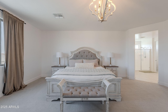 9645 E Ripple Dr, Mesa, AZ 85212 - bedroom featuring light colored carpet, a chandelier, and ensuite bathroom