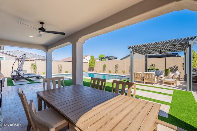9645 E Ripple Dr, Mesa, AZ 85212 - wooden deck featuring a pergola, a ceiling fan, a fenced backyard, and a patio