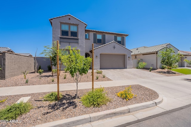 9645 E Ripple Dr, Mesa, AZ 85212 - mediterranean / spanish home with stucco siding, a tile roof, driveway, and an attached garage