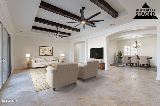 living room featuring ceiling fan with notable chandelier, beamed ceiling, and crown molding