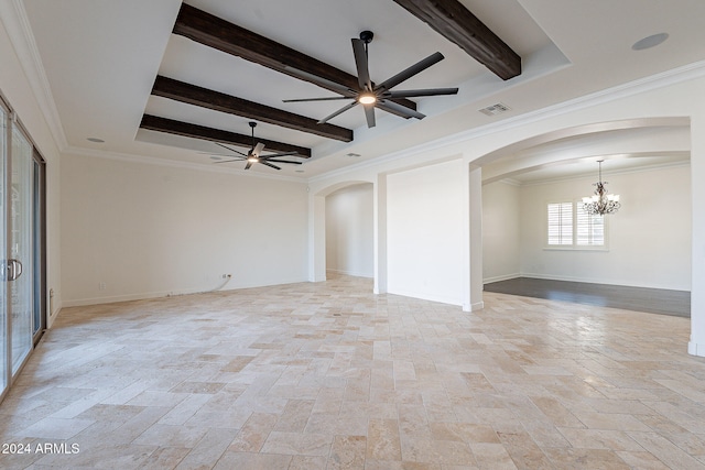 unfurnished living room with ornamental molding, ceiling fan with notable chandelier, and beam ceiling