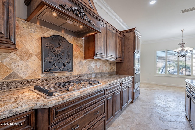 kitchen featuring ornamental molding, stainless steel appliances, backsplash, custom range hood, and an inviting chandelier