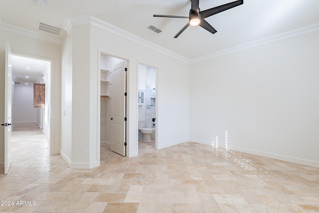 unfurnished room with ornamental molding and ceiling fan