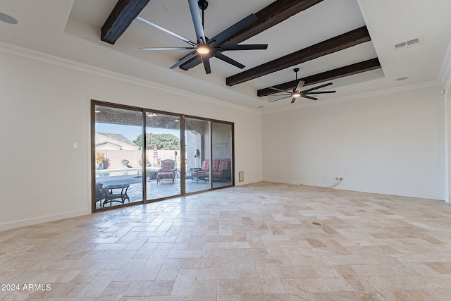 unfurnished room with ceiling fan, beam ceiling, crown molding, and a tray ceiling