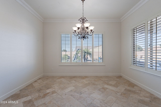 unfurnished room with a chandelier and crown molding