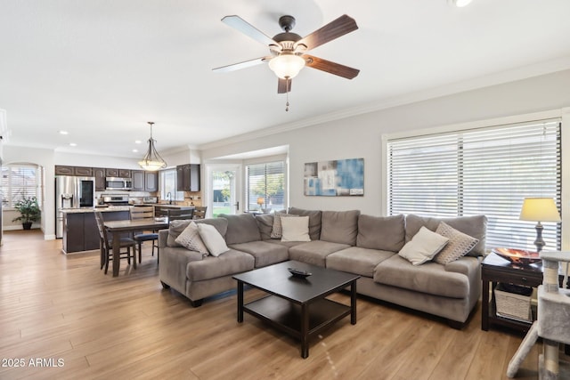 living room with sink, crown molding, light hardwood / wood-style floors, and ceiling fan