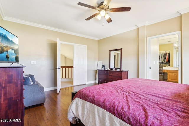 bedroom with dark hardwood / wood-style flooring, ornamental molding, and ceiling fan