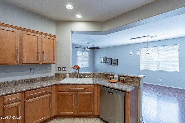 kitchen with light hardwood / wood-style flooring, sink, a healthy amount of sunlight, and stainless steel dishwasher