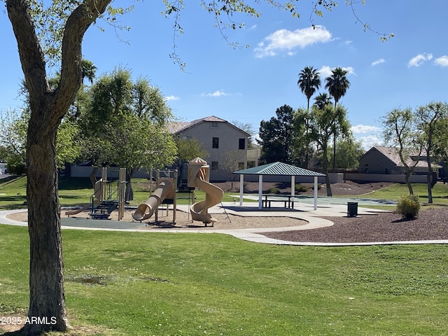 community play area with a gazebo and a yard