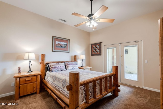 bedroom with visible vents, light carpet, baseboards, access to outside, and french doors