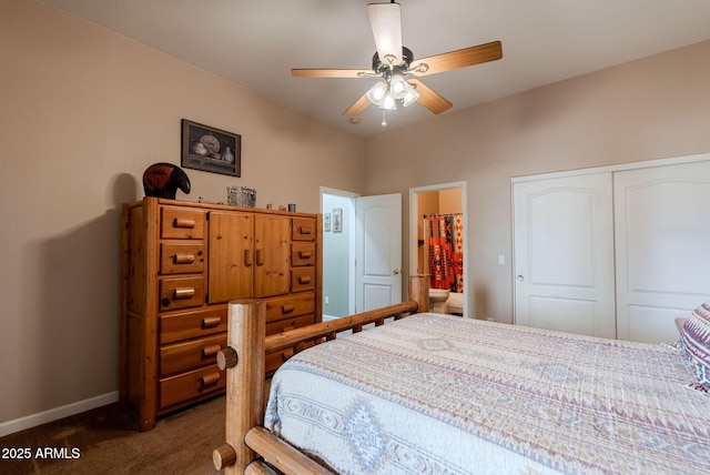 bedroom with carpet floors, a ceiling fan, baseboards, and a closet