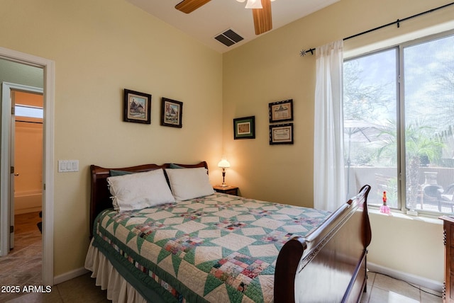 tiled bedroom featuring visible vents, baseboards, ceiling fan, and multiple windows