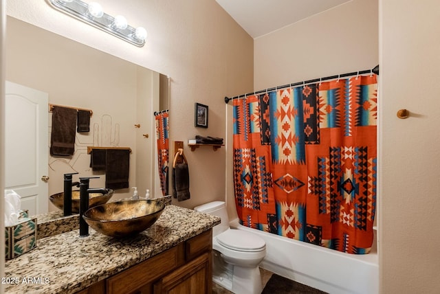 bathroom with toilet, shower / tub combo with curtain, and vanity