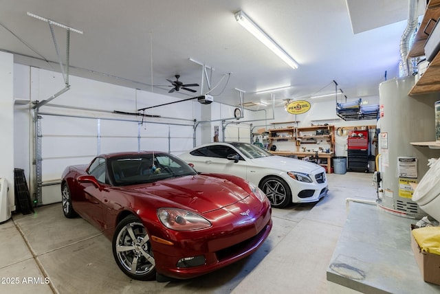 garage featuring a garage door opener, gas water heater, and ceiling fan