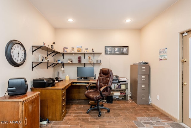 home office featuring recessed lighting, baseboards, and wood finished floors