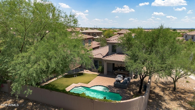 9904 E S Bend Dr, Scottsdale, AZ 85255 - view of swimming pool featuring a patio area, an outdoor living space, and a fenced backyard