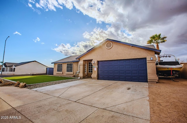 ranch-style home featuring a garage and a front lawn