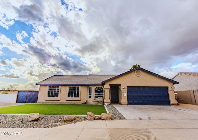 ranch-style home featuring a garage and a front lawn