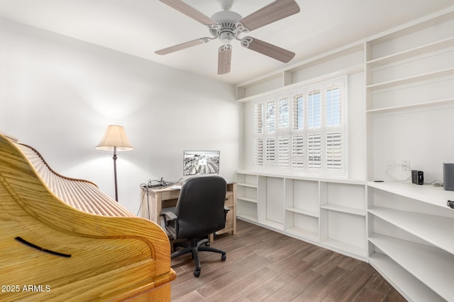 office with ceiling fan and hardwood / wood-style floors