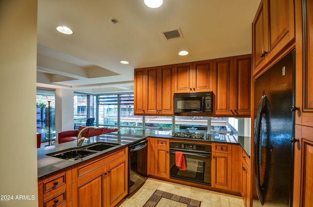 kitchen featuring dark stone countertops, sink, and black appliances