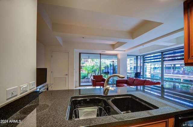 kitchen with dark stone countertops, a raised ceiling, and sink