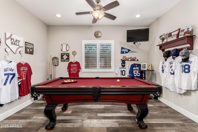 game room with ceiling fan, dark wood-type flooring, and billiards