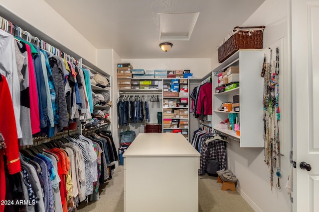 walk in closet with light carpet