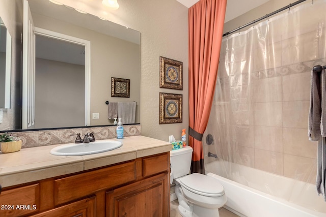 full bathroom with shower / bath combo, vanity, and toilet