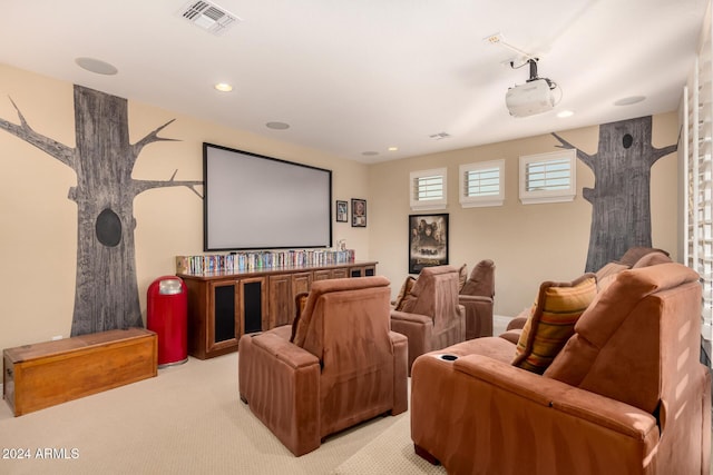 carpeted home theater room featuring rail lighting