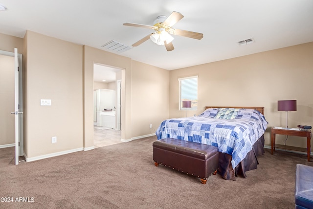 bedroom with light carpet, ceiling fan, and connected bathroom