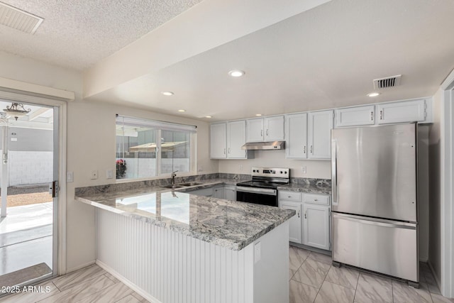 kitchen featuring appliances with stainless steel finishes, sink, white cabinets, and kitchen peninsula