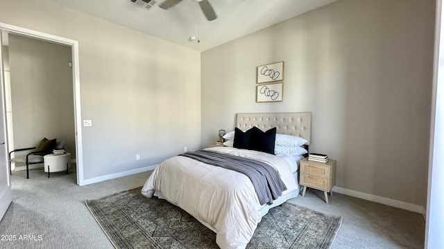 bedroom with carpet flooring, ceiling fan, visible vents, and baseboards